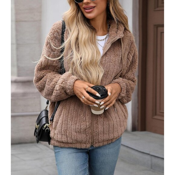 Womens Fleece Jacket Fall Winter Full Zip Sherpa Coat with Hood S-5XL - Picture 5 of 6